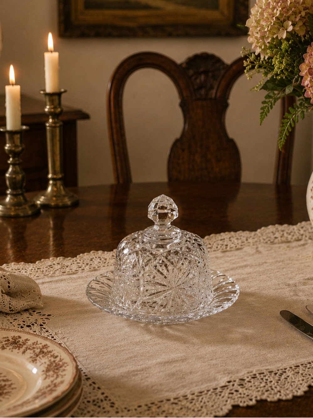 Vintage Cut Crystal Cheese Butter Storage Domed Cover Dish Small 4.5” X 6”